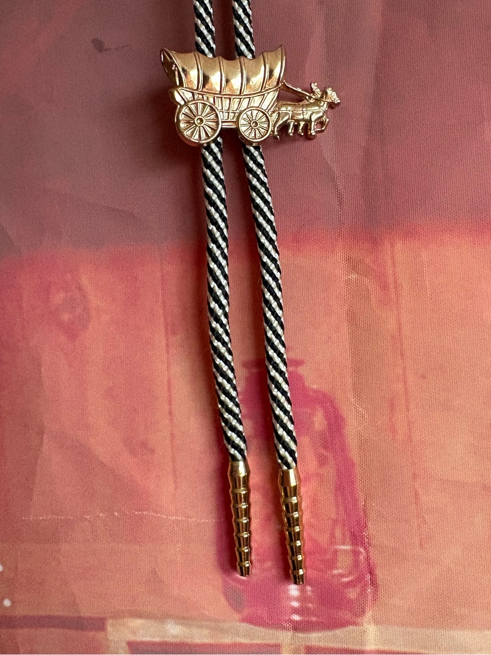 Vintage Covered Wagon Bolo Tie – Gold Tone Slide, Black & White